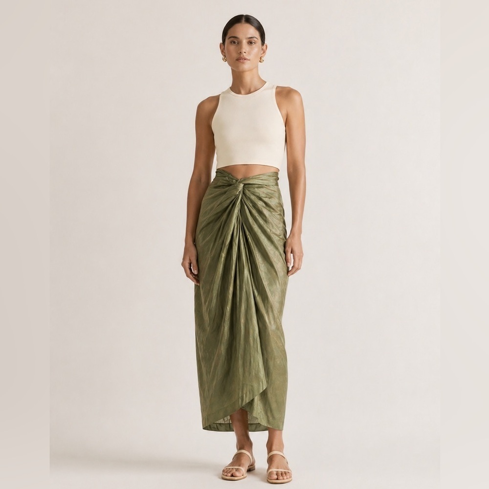 Vince new with tags faux sarong twist front in satin olive green back slit. 12